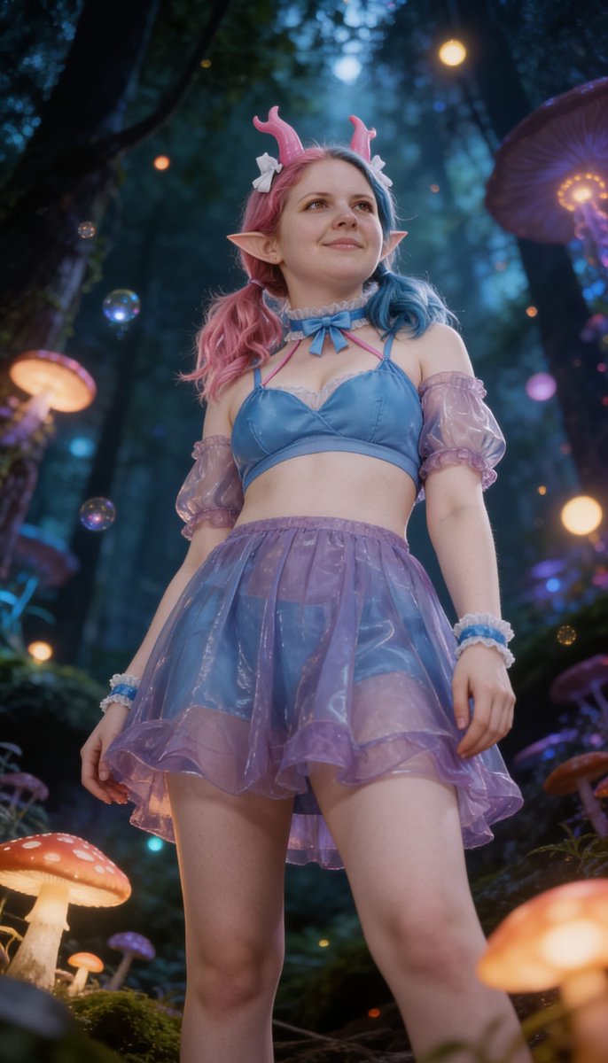 Lizzy1262629's tweet photo. Me in the night woods. Pink-and-blue hair, elf ears and little horns, blue top, sheer purple skirt, bubbles and glowing plants around me.
#FairyLook #ElfEars #SplitHair #NightWoods #SheerSkirt #GlowingPlants #FetishFashion #NSFW #BubbleForest https://t.co/iySmzqm5e8