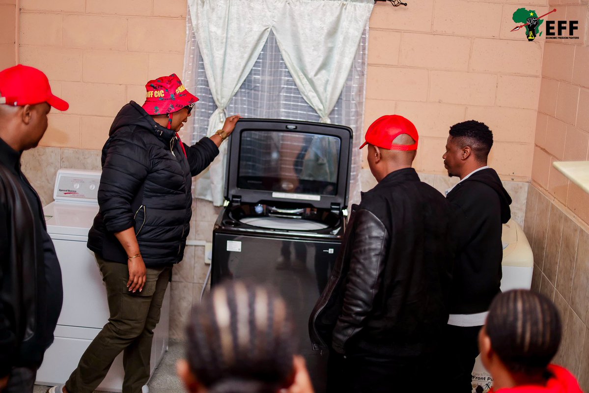 EFFSouthAfrica's tweet photo. In addition to the R3.5 million debt that was cleared by the EFF at Ekuphumleni Old Age Home, we bought a washing machine and an industrial dryer, a reliable, high-performance solar power system, groceries until Christmas, the medication they requested, and a fridge, among other things. #VoteEFF2026