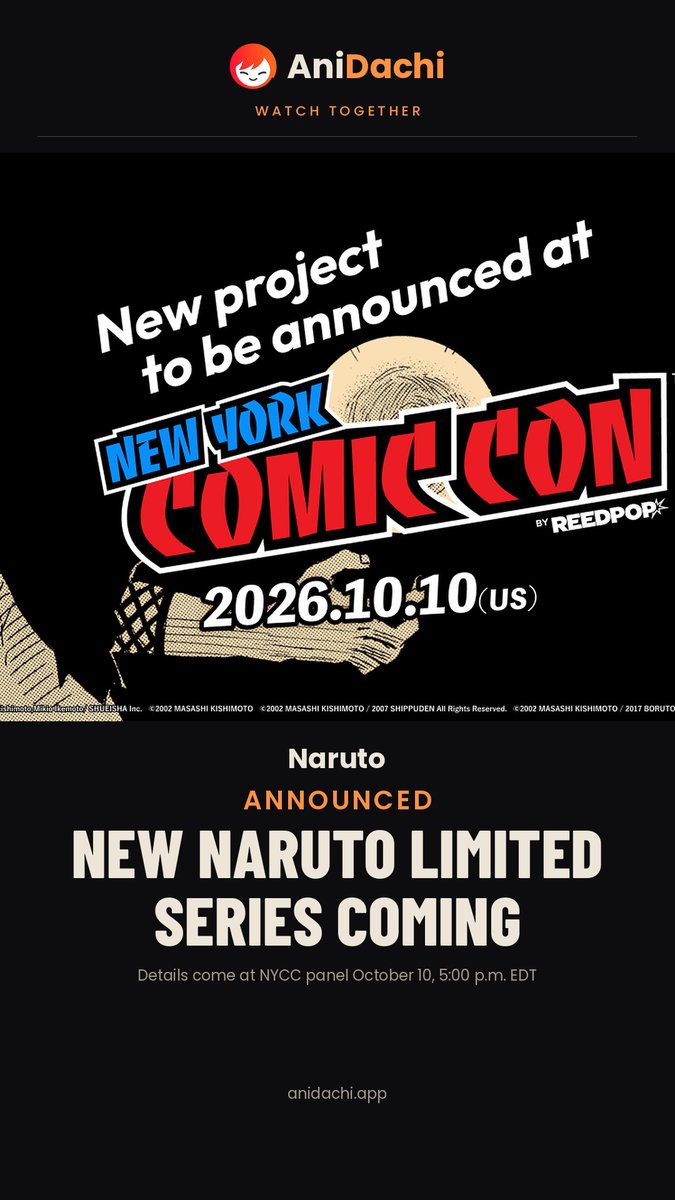 anidachiapp's tweet photo. New Naruto limited series announced: 4 anime headlines you need this week 🟠 Which one surprised you most?
Grab your friends and watch together on https://t.co/rFP2HWjAyh
#distancerelationships #watchtogether #watchparty #anidachi #animenews #anime https://t.co/CqGYchdLzL