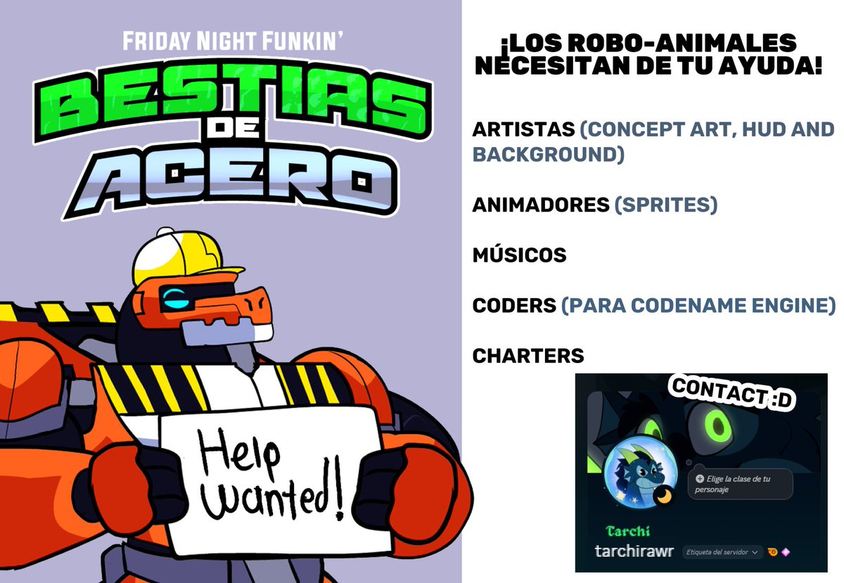 Tarchikoz's tweet photo. Hola, muy buenos días/tardes/noches a todos
Pues estoy muy feliz de que estaré haciendo un mod de FNF con personajes originales de animales robóticos bien bonitos jaja

La universidad me mantiene muy ocupado, por lo que necesitaré toda la ayuda posible

DM Si están interesados https://t.co/4jZFnWZ47M