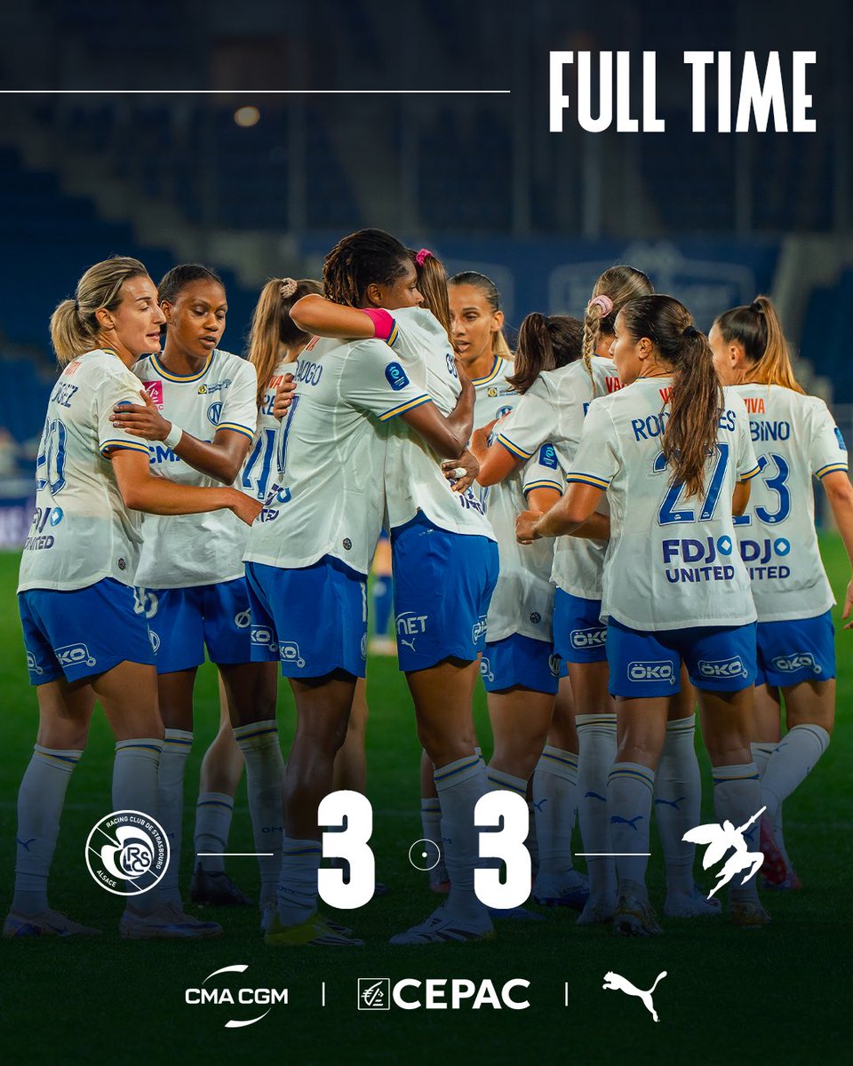 OMfeminines's tweet photo. ⏱️ 90’ | #RCSAOM 3️⃣-3️⃣
Au terme d’un match à rebondissements, nos Marseillaises rapportent un point d’Alsace au gré d’un doublé d’Habibou et d’un but de Mathilde.
Place à la trêve avant le prochain rendez-vous face à Fleury, le 18 octobre. https://t.co/Uv8pYkGq5z