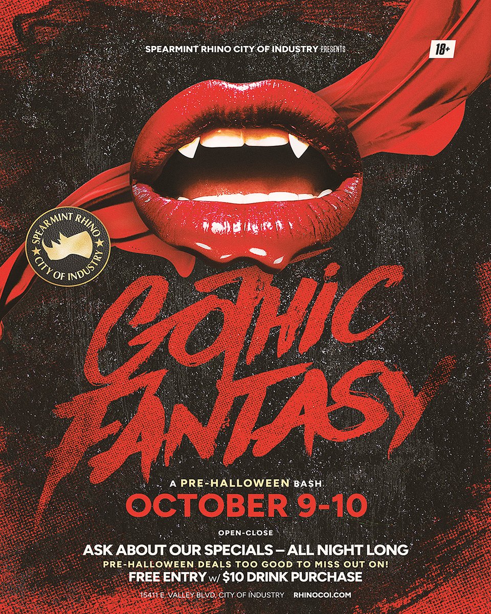 rhinoofindustry's tweet photo. Step into the dark side of spooky season 🩸✨ Gothic Fantasy is taking over October 9th–10th from open to close! 🧛♀️
#GothicFantasy #CityOfIndustry #PreHalloween #VIPNightlife #WeekendVibes https://t.co/96FvPGuZwV