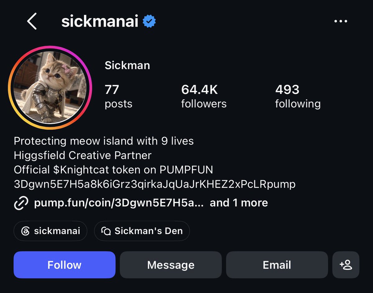CryptoGorilla's tweet photo. They’re vamping $SWORDCAT with $KNIGHTCAT by getting the creator of the meme to put a CA in his IG bio https://t.co/HeiOSeZmsP