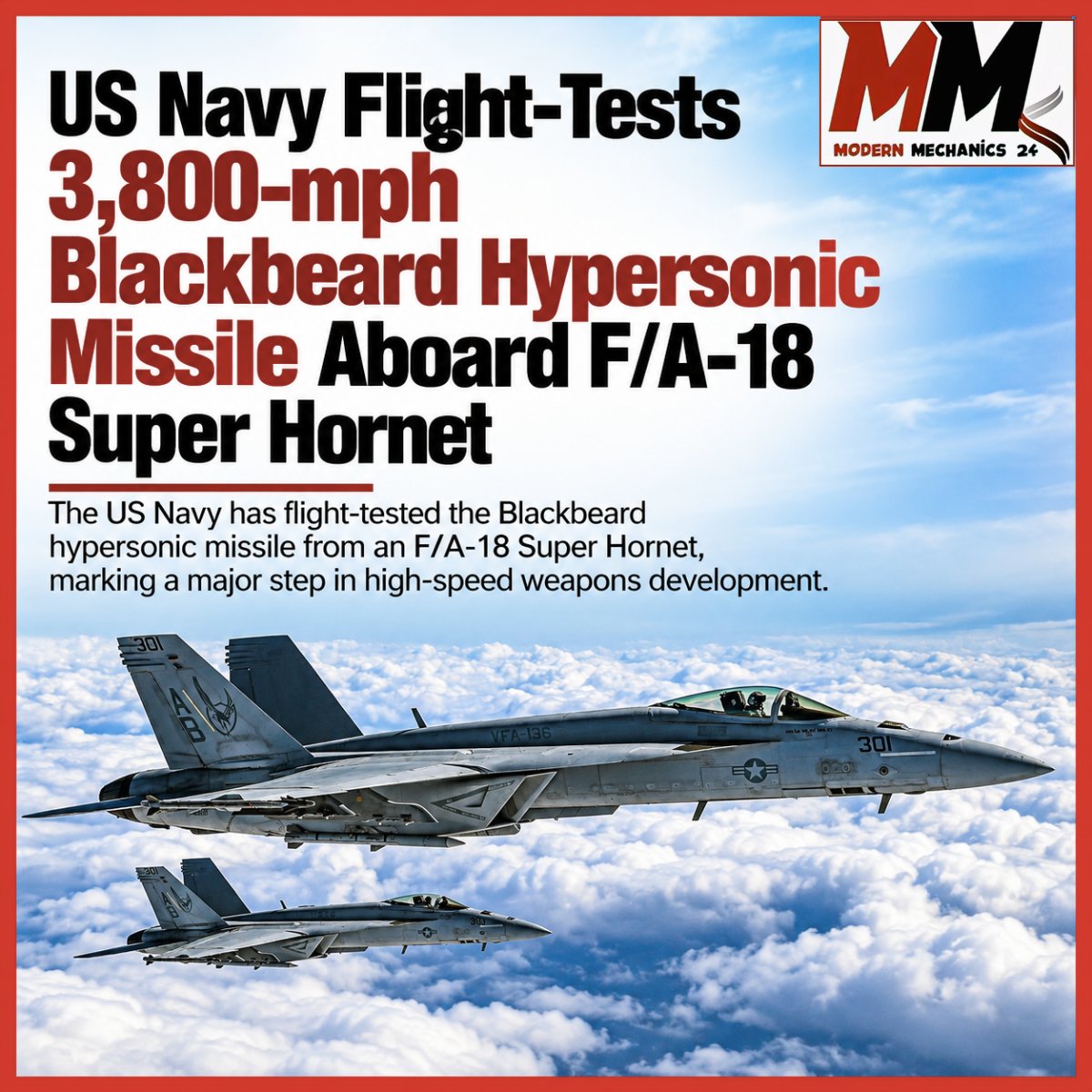MMechanics24's tweet photo. The US Navy has flight tested the Blackbeard hypersonic missile from an F/A 18 Super Hornet.
The test highlights efforts to bring high speed weapons together with established naval aviation platforms.
#Hypersonic #USNavy #FA18 #DefenseTech #MilitaryAviation https://t.co/qZKHcWeVdA