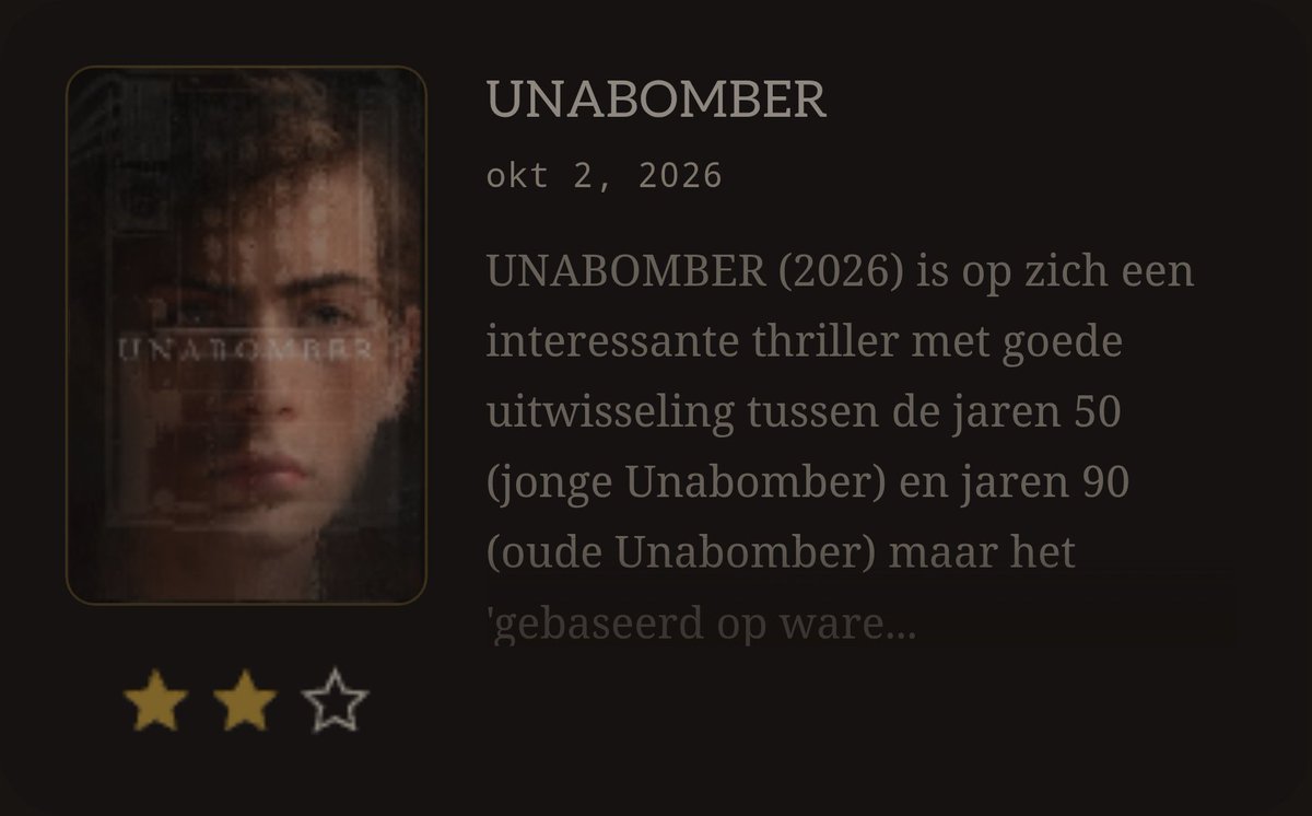 FelixRothuizen's tweet photo. Ik heb zojuist UNABOMBER (2026) gekeken. Lees mijn korte recensie op https://t.co/dvT9gqjE3X #movieroulette #unabomber #russellcrowe #jacobtremblay #annabellewallis #shailenewoodley https://t.co/yDOdopkvlv
