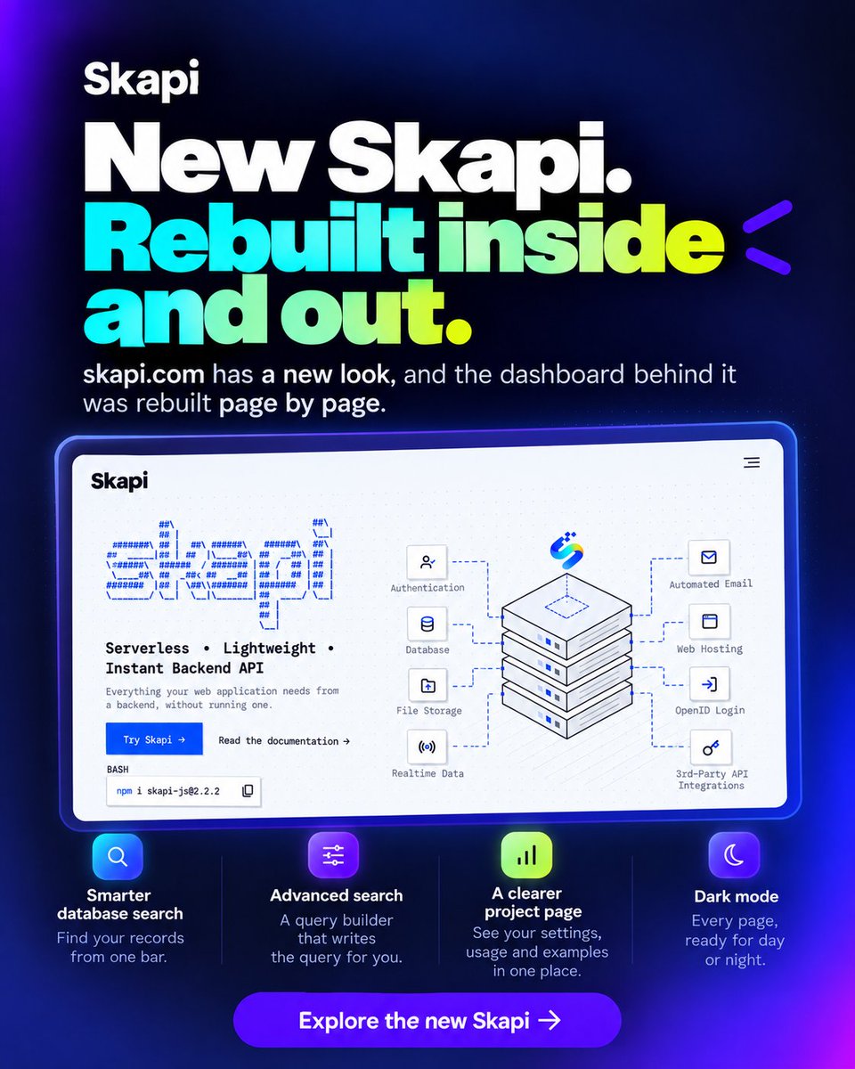 Skapi_api's tweet photo. Skapi has changed.

We rebuilt the dashboard page by page with smarter database search, clearer project settings and usage, region selection, dark mode, and simpler workflows throughout.

https://t.co/Aes91YJYqd

#Skapi #DevTools #Backend https://t.co/J4EJ7zb8en