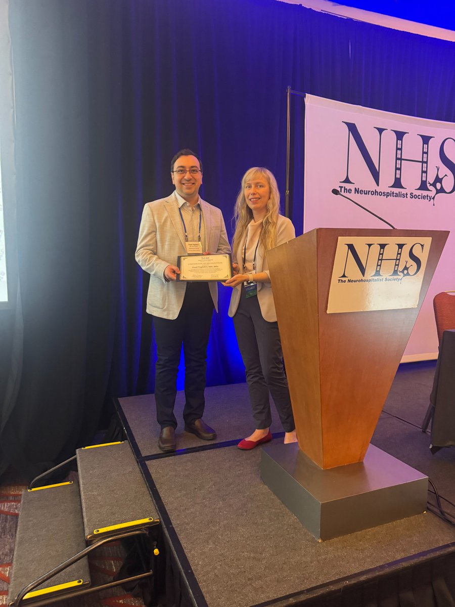 Neurohosp's tweet photo. Congrats to our Oral Abstract presenters Eleanor Smeallie, Dr. Brian Scott &amp; Dr. @FTaghdiri! Board Member Dr. Sara LaHue presented each with a Certificate of Recognition for their outstanding research. 

#Neurohospitalist #NeuroResearch #NHS2026 https://t.co/dLpjiTRGiS