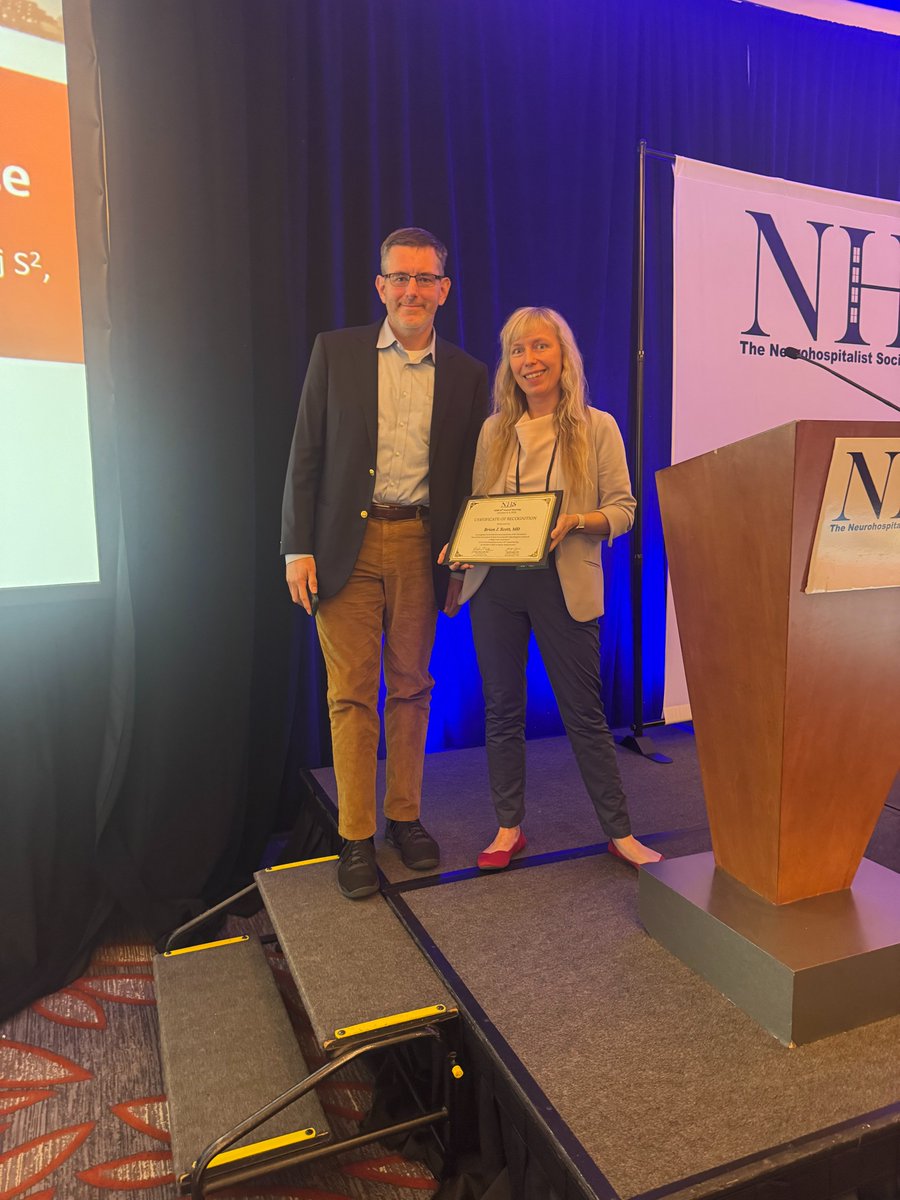 Neurohosp's tweet photo. Congrats to our Oral Abstract presenters Eleanor Smeallie, Dr. Brian Scott &amp; Dr. @FTaghdiri! Board Member Dr. Sara LaHue presented each with a Certificate of Recognition for their outstanding research. 

#Neurohospitalist #NeuroResearch #NHS2026 https://t.co/dLpjiTRGiS