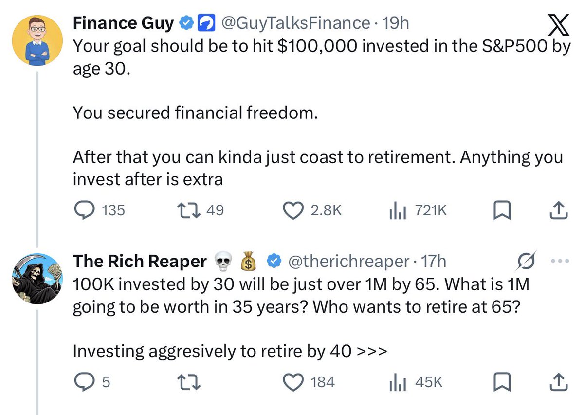 therichreaper's tweet photo. I didn’t become a millionaire in my 20s by investing 100k then “coasting”. Make more money, start more side hustles. Invest more

Don’t fall in to the trap of “invest x and chill” unless you want to work your whole life for a number that won’t mean much after years and inflation. https://t.co/GdrQez4tpd