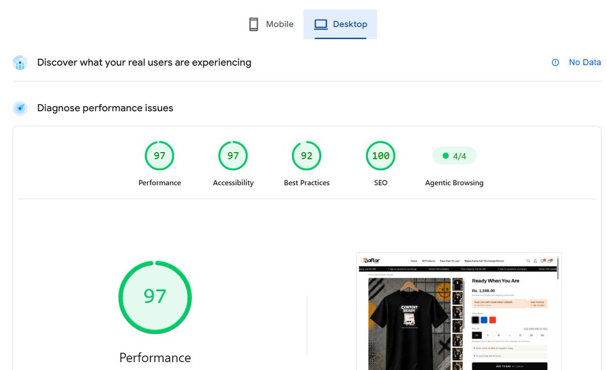 theashbyte's tweet photo. Daftar Dept now scores 97 on desktop PageSpeed. First paint 0.6s, main image 1.1s, blocking 90ms.

No speed app. Just images and code, across the whole store.

To get yours close:
1. Right-size and compress images
2. Cut unused app and theme JS
3. Load third-party scripts last https://t.co/EvKU9xVMNP