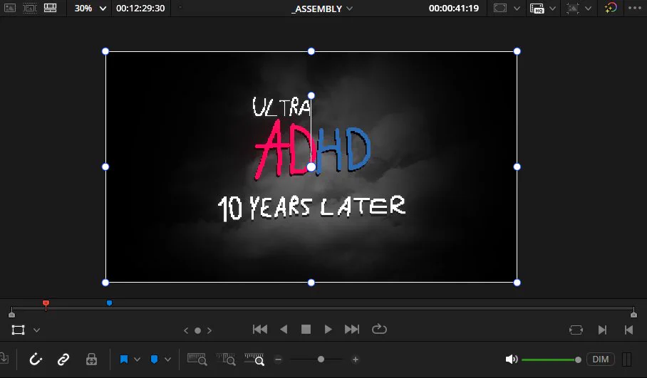 A screenshot of the editing viewport in DaVinci Resolve, with the words "Ultra ADHD, 10 Years Later" displayed in a mouse-drawn, MS-paint style.