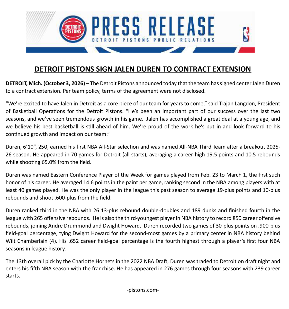 DetroitPistons's tweet photo. The Detroit Pistons have signed Jalen Duren to a contract extension. https://t.co/BuYbOQdNj2