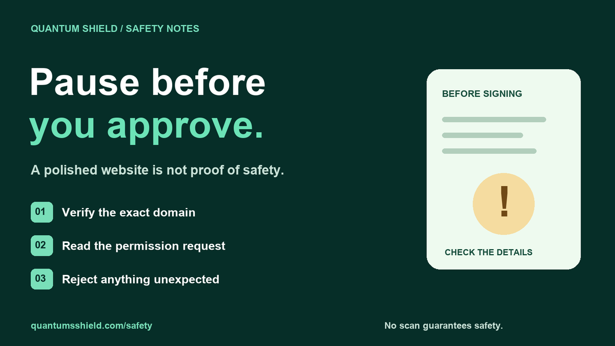 Quantumsshield's tweet photo. Pause before you approve.

Verify the exact domain. Read every wallet permission. Reject requests you don’t understand.

Our Safety Center offers risk signals—not a safety guarantee.

https://t.co/WN4zBrW4S0

#WalletSecurity #Web3Security https://t.co/IMPhP0saXk