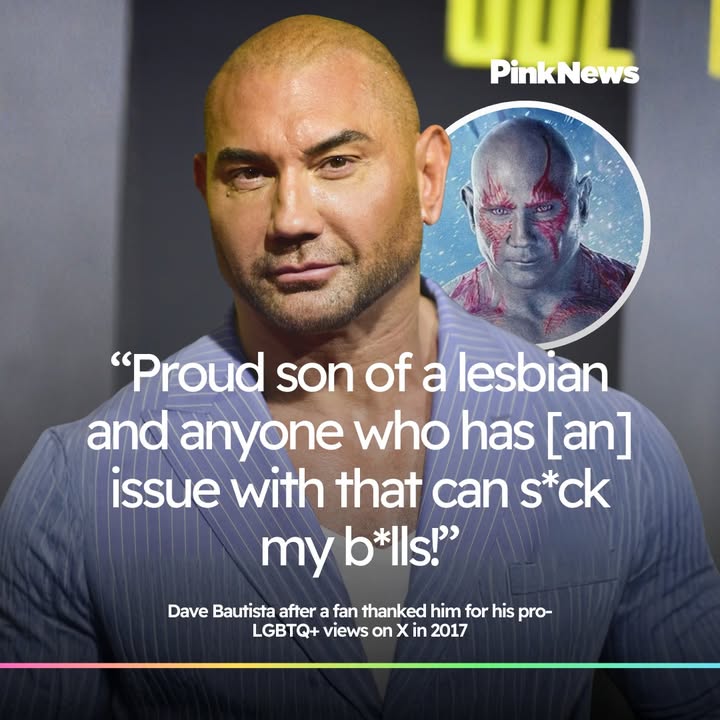 PinkNews's tweet photo. Guardians of the Galaxy star Dave Bautista has been outspoken in his support of the LGBTQ+ community, a stance he has often linked to being raised by a lesbian mother. https://t.co/x1OLsF7zCJ