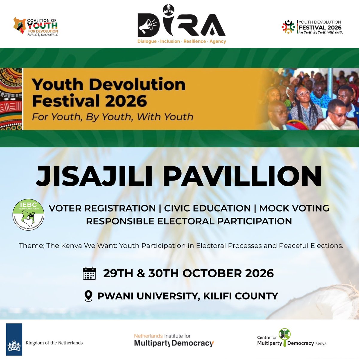 CMDKenya's tweet photo. Don’t just hear about voting. Experience it. 🗳️🙌🏾

At the Youth Devolution Festival 2026, CMD Kenya is convening the Jisajili Pavilion - an interactive space where young people can register as voters, learn about the electoral process, test their knowledge, try a mock vote and engage directly with @IEBCKenya  representatives.

Because civic participation starts with being informed, registered and ready to participate. 💬🇰🇪

Come curious. Jisajili. Learn. Ask. Vote.
