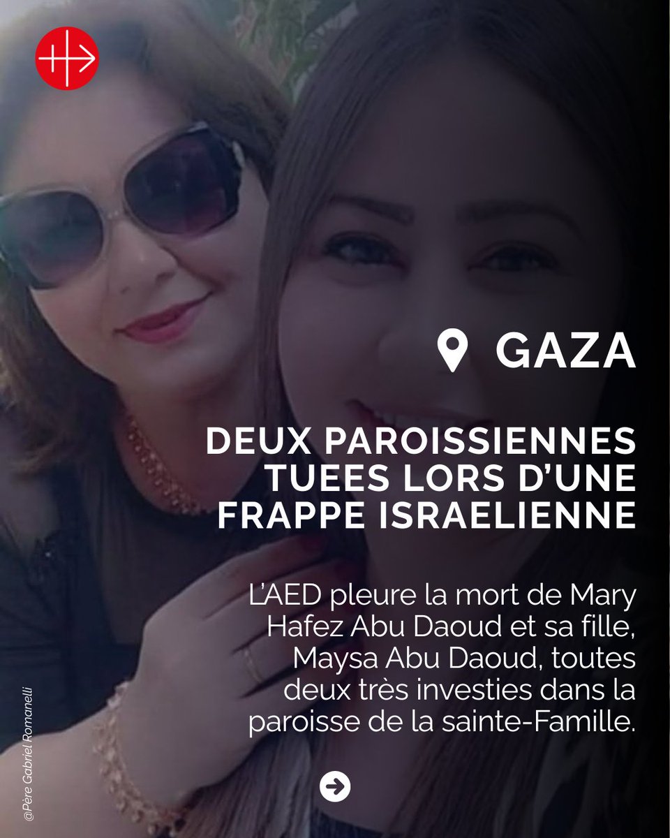 AEDenFrance's tweet photo. Nous avons reçu ce matin une très triste nouvelle en provenance de Gaza.

Cinq personnes ont été tuées cette nuit lors d’une frappe aérienne israélienne sur un immeuble résidentiel situé à l’ouest de la ville de Gaza. Parmi les victimes figuraient Mary Hafez Abu Daoud et sa fille, Maysa Abu Daoud, toutes deux membres de la communauté chrétienne de Gaza.

Mary et Maysa étaient très engagées dans le soutien à leur communauté et s’étaient montrées particulièrement actives en tant que bénévoles tout au long de la guerre, venant en aide aux autres en ces temps très difficiles.

Les funérailles ont été célébrés ce samedi 3 octobre à midi, en l'église Saint-Porphyre de Gaza.

Prions pour Mary et Maysa, pour leur famille et leurs amis, ainsi que pour la communauté chrétienne de Gaza, qui pleure une nouvelle fois la perte de deux de ses membres.

Nous avons également à cœur les autres victimes, les blessés et toutes les personnes de Terre Sainte qui continuent de vivre tant de souffrances.

Que Mary et Maysa reposent en paix, et que leur généreux dévouement envers les autres reste un témoignage de foi et d’amour au cœur de la guerre.

#gaza #guerre #prière
