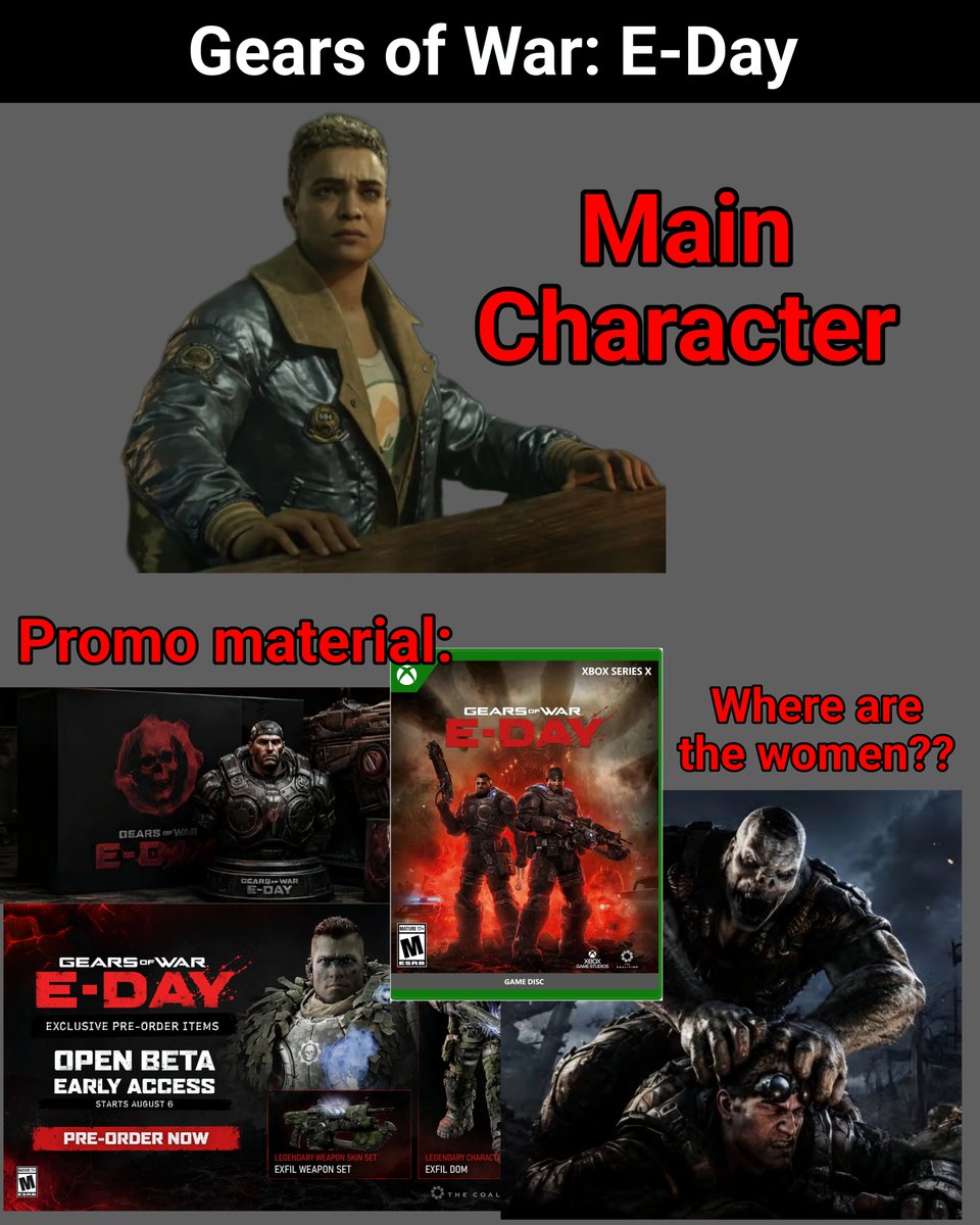 CyberpunkDwarf's tweet photo. Where's all of the burly lesbian women characters - that the devs are so proud of - in the promo material for Gears of War E-Day??  It's almost like they're bait and switching a RETURN TO FORM™️. https://t.co/B6J0iSgM7j