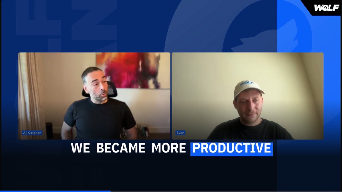 The image shows a video call between two men labeled "Ali Golshan" and "Evan" with the caption "WE BECAME MORE PRODUCTIVE" overlaid, visually reinforcing the post's argument that security measures historically increased rather than hindered productivity, as Ali Golshan of NVIDIA compares AI agent security to the adoption of SSL encryption on the early web.