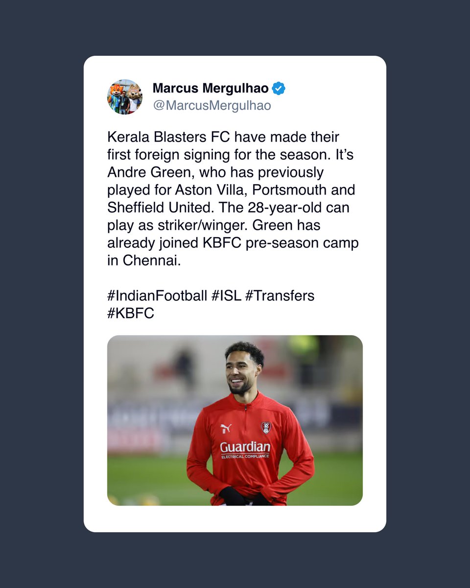 blastersbase's tweet photo. 🚨 | FIRST FOREIGN SIGNING OF THE SEASON! 🌍💛💙

Kerala Blasters are set to bring in Andre Green as their first foreign signing of the season. 🇬🇧🔥 https://t.co/IvvHo2cr9E