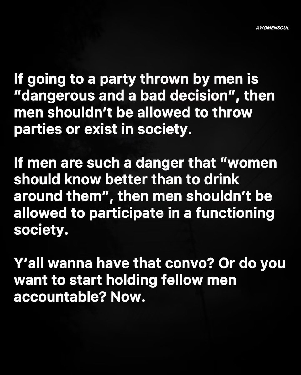 BiatchDulce's tweet photo. If women have to avoid men to stay safe, the problem isn’t women’s choices it’s men’s behavior. 
Stop blaming women for male violence and start demanding accountability.

#HoldMenAccountable #BelieveWomen https://t.co/gzsGNE2b5I