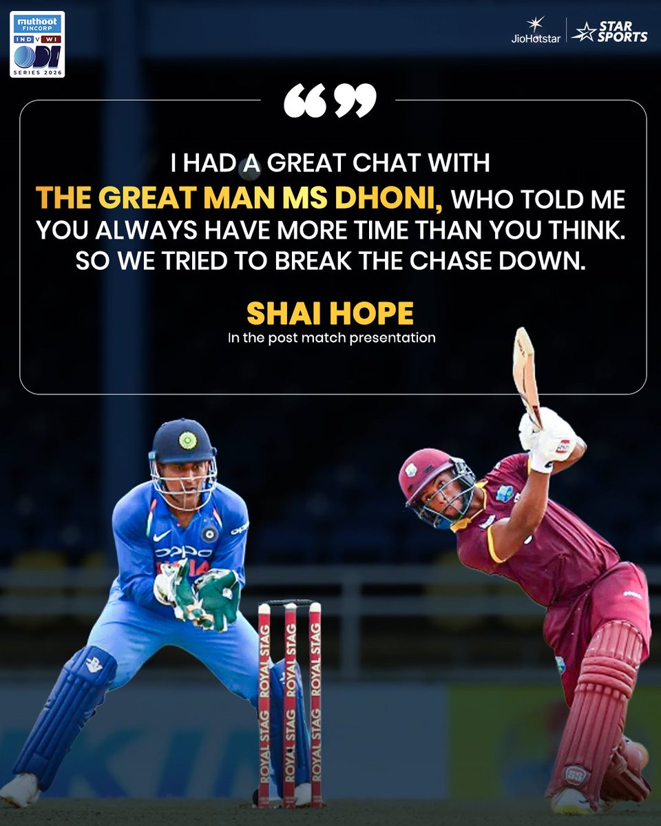 StarSportsIndia's tweet photo. Words of wisdom from MS Dhoni making an impact! 🧠💪

After leading #WestIndies to a sensational win in the 3rd ODI, skipper #ShaiHope credited a special chat with #MSDhoni for his match-winning mindset! 🔥

Watch #INDvWI | 1st T20I 👉 TUE, 6th OCT, 6 PM https://t.co/Fb6eImSQt1