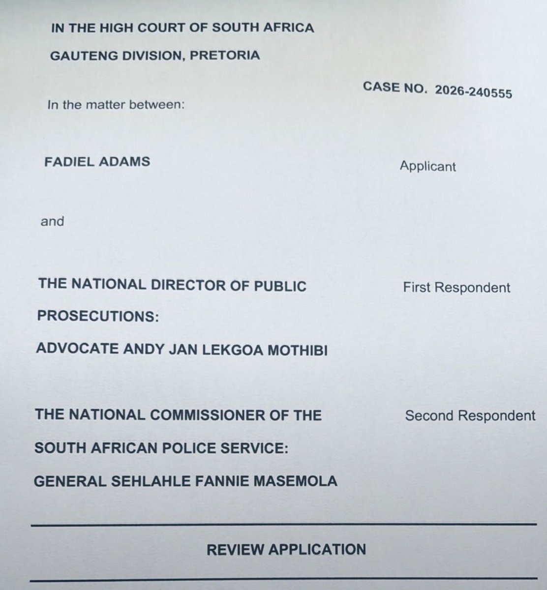 _findthemissing's tweet photo. Breaking 🚨 

COURT PAPERS SERVED ON SUSPENDED NATIONAL POLICE COMMISSIONER

Court papers have been served on suspended National Police Commissioner Lt Gen Fannie Masemola.

MP Fadiel Adams is bringing an urgent review application challenging the NPA’s decision concerning the https://t.co/viTwQE2QZa
