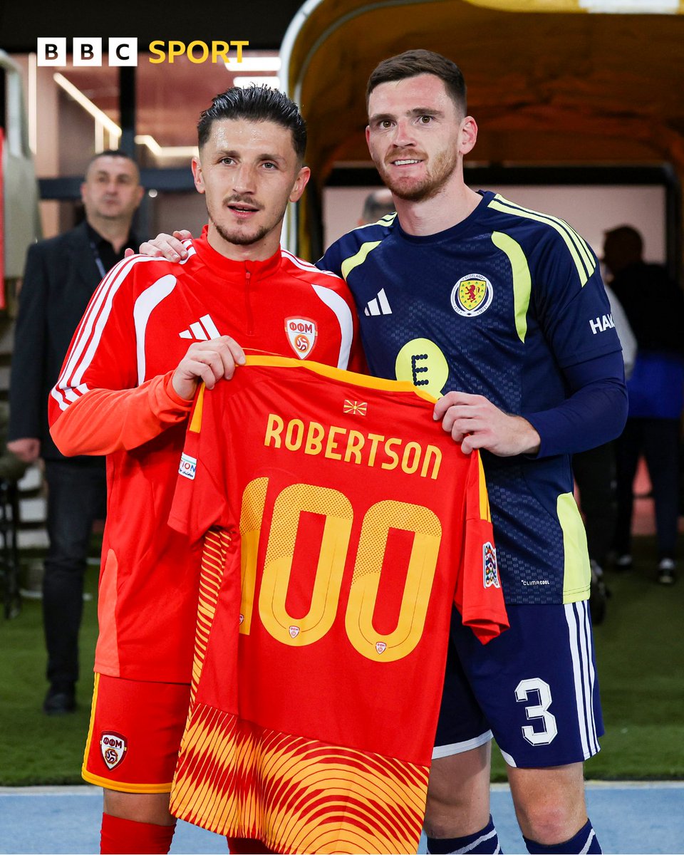 BBCSportScot's tweet photo. Andy Robertson is presented with a special North Macedonia jersey by Enis Bardhi for his 100th cap 👏

#BBCFootball https://t.co/4RDMH5tf18