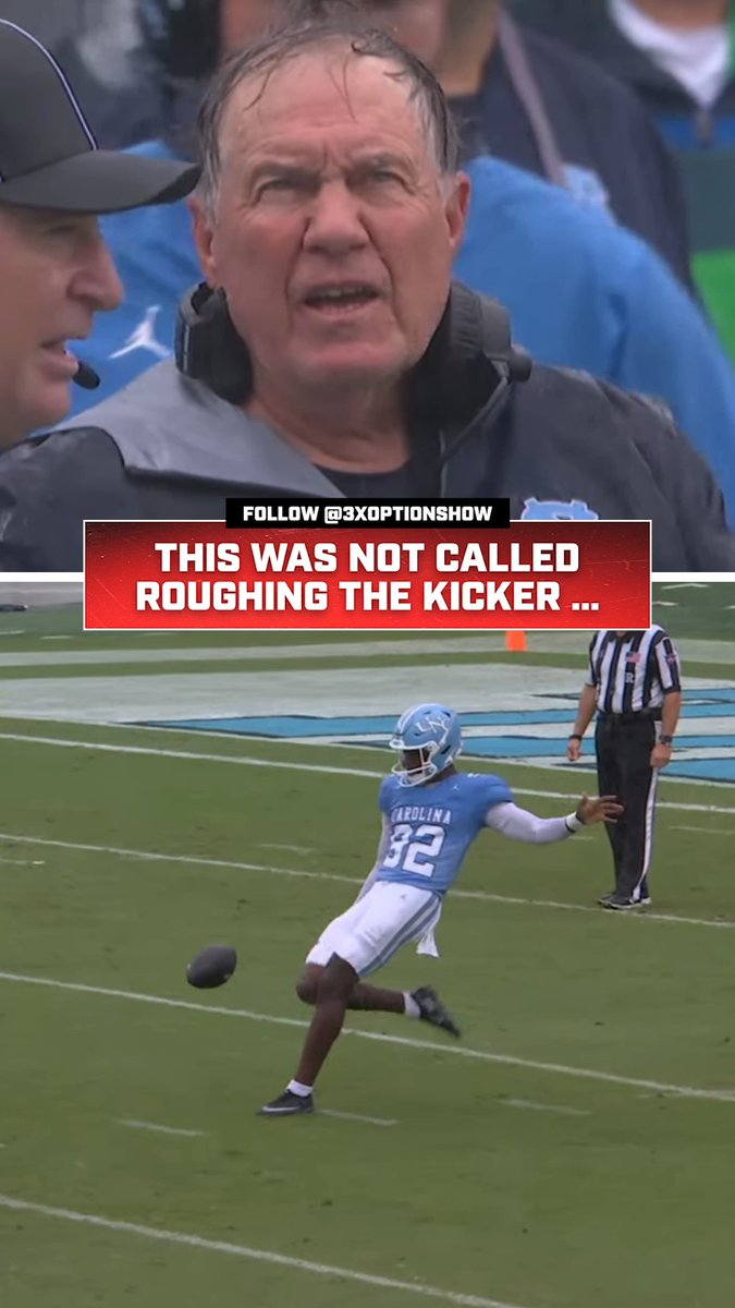 A coach reacts with frustration while a referee stands behind a Carolina #32 punter whose kick is deflected mid-air, with text overlay reading "THIS WAS NOT CALLED ROUGHING THE KICKER..." and "FOLLOW @3XOPTIONSHOW." The image illustrates a controversial non-call that resulted in only a 5-yard penalty rather than roughing the kicker, allowing Notre Dame to score on the following drive.