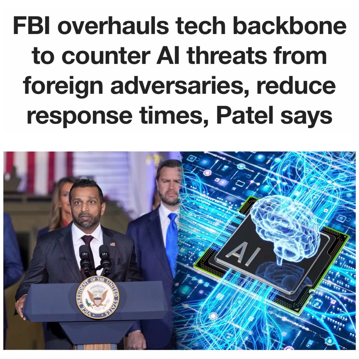 FBIDirectorKash's tweet photo. No more band-aids.

We rebuilt the FBI’s technology backbone.

2–3 AI use cases ➡️ 140+.

Tips that once took DAYS to move through the system can now be ingested, analyzed, and pushed to our field teams immediately.

AI doesn’t replace our people — it gives them SPEED and SCALE.

China, Russia, terrorists, cyber criminals: we’re upgrading the fight.

The FBI is moving faster because the threats aren’t slowing down.

-🇺🇸 DKP