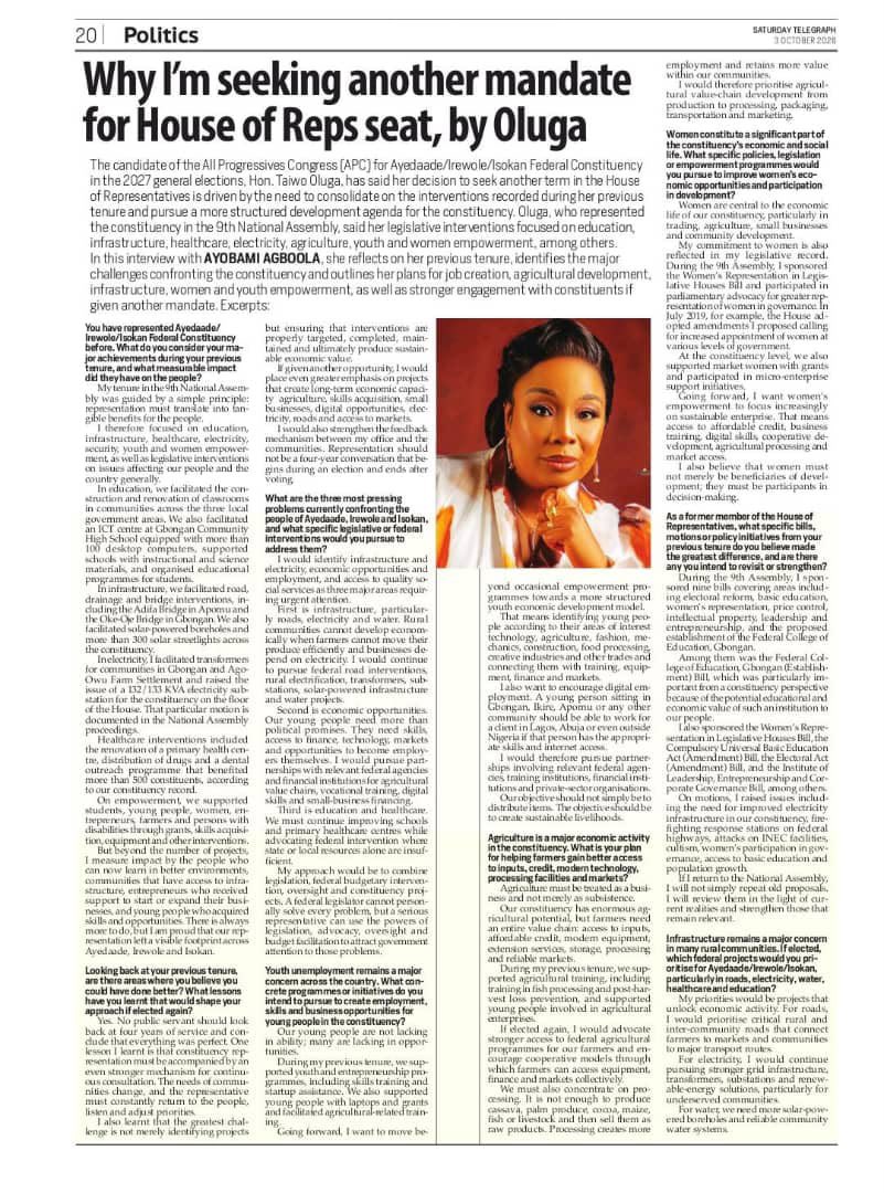 call_me_mateen0's tweet photo. 📰 NEWS | OLUGA SPEAKS

“WHY I’M SEEKING ANOTHER MANDATE FOR HOUSE OF REPS SEAT” — HON. OLUKEMI TAIWO OLUGA, PHD

Read the full news and her perspectives on representation, constituency development, youth empowerment, agriculture, infrastructure &amp; more

#ITESIWAJU2027
@taiwooluga https://t.co/t5u8jDimtt