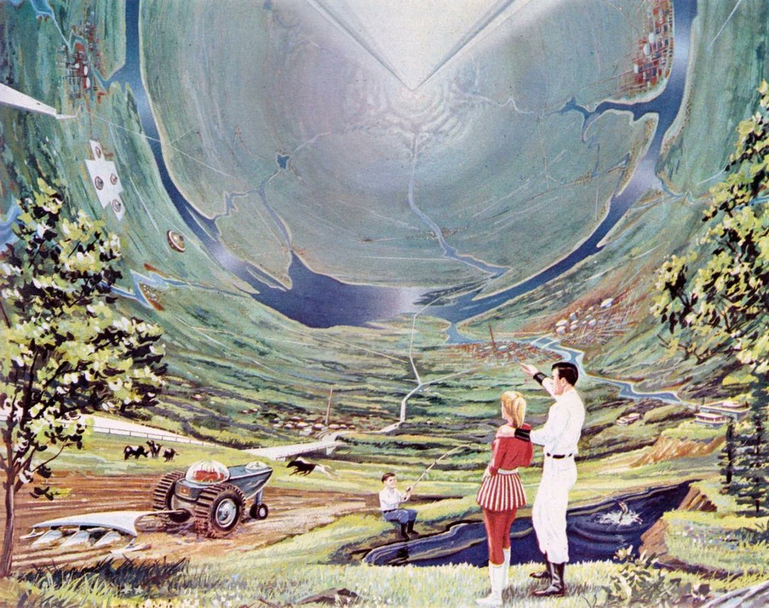 SciFiArchives's tweet photo. Paradise in a hollowed-out asteroid, painted by Roy Scarfo for “Beyond Tomorrow: The Next 50 Years in Space,” 1965. https://t.co/gGpvsnS5m9