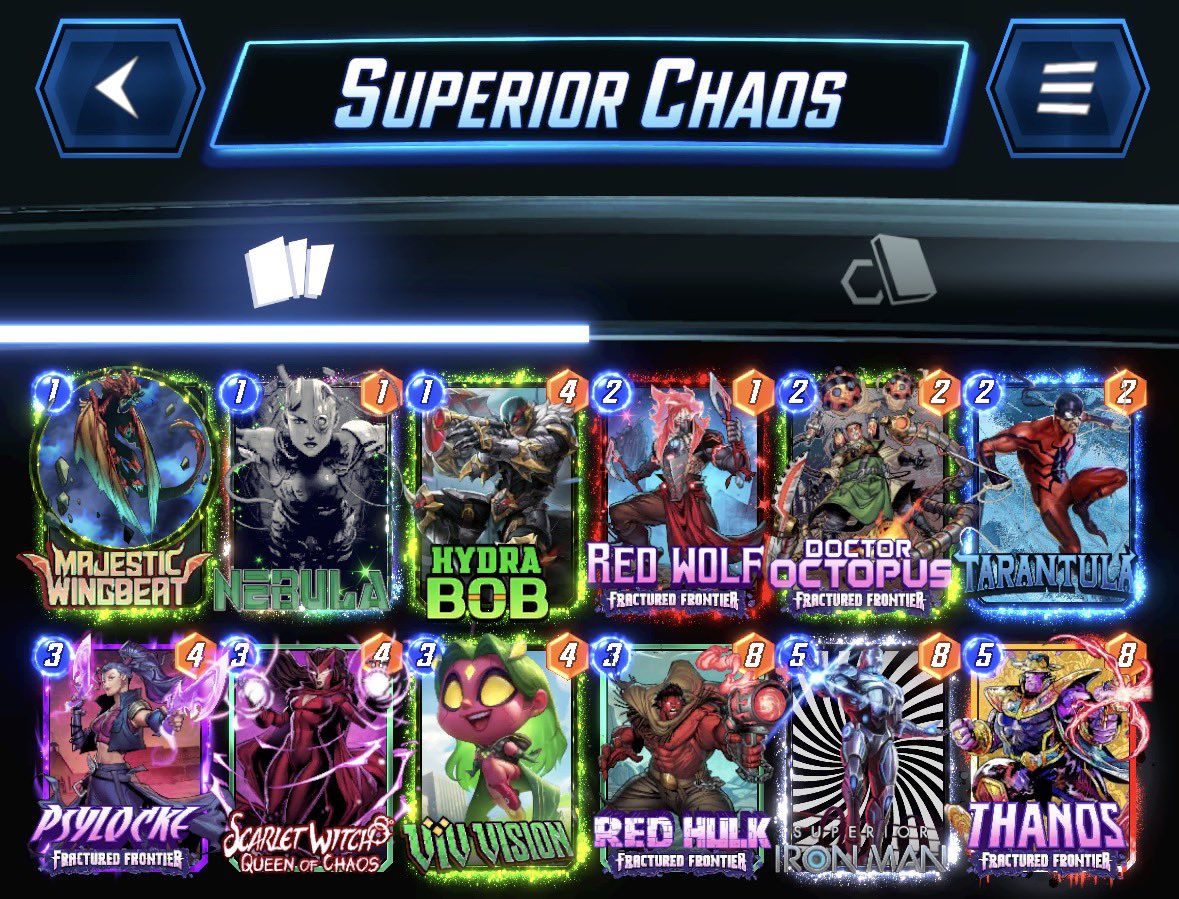 iAmNerdDynamite's tweet photo. Here's the Marvel Snap Weekend Missions deck for October 2 - 6!

Doc Oc FF has synergy with Quickdraws and Superior IM. Red Wolf and Tarantula give power. Psylocke FF and Thanos FF discount. Good luck!

Couldn’t figure out a budget version… https://t.co/X9zAP69xmH