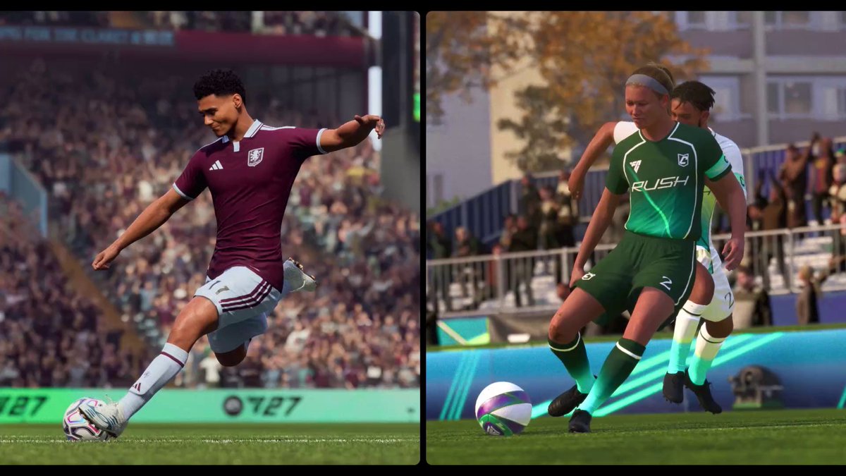 A side-by-side comparison from EA Sports FC 27 showcases a player in a maroon Aston Villa kit striking the ball on the left, while a player in a green kit with "RUSH" and number "27" battles for possession on the right, both depicting the game's detailed soccer gameplay on Nintendo Switch 2.