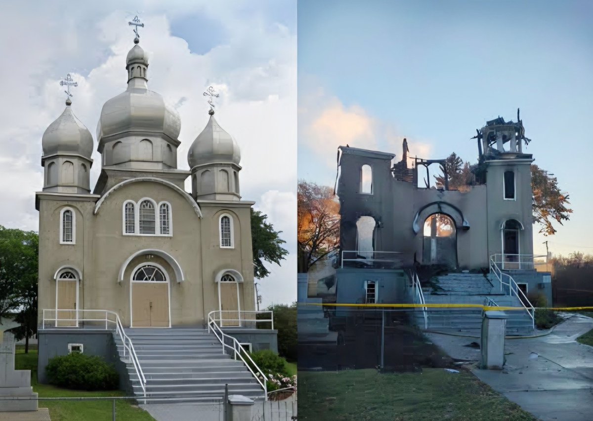 KirkLubimov's tweet photo. Another church burned down in Canada.

The historic Meadow Lake church in Saskatchewan that's been there over 70 years.

That's over 100 churches that have been burned down or targeted over the last few years to complete silence of our politicians and authorities. https://t.co/0IhcCPuGM5