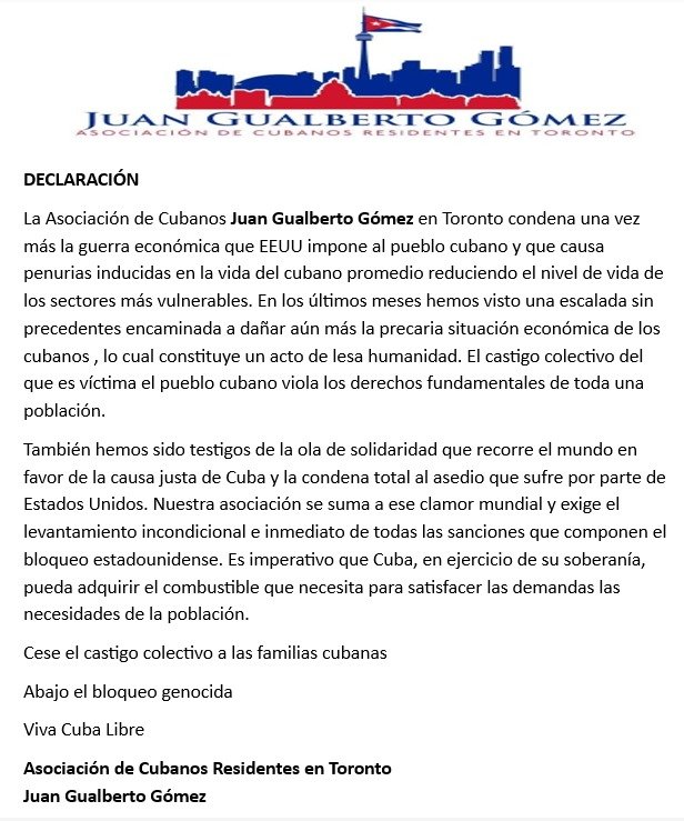 JGGassociation's tweet photo. JGG association releases a new statement about the economic war on the people of #Cuba 
#TumbaElBloqueo #NoWarOnCuba 
@cdnntwrkoncuba @EmbacubaCanada
#CubaNoEstáSola https://t.co/ihJj9UjTAP