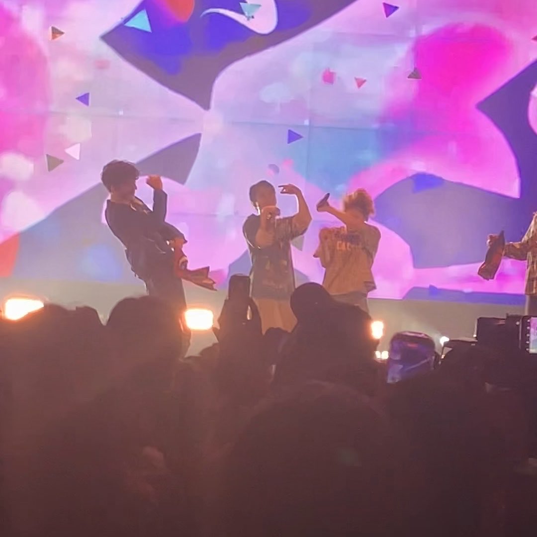 Several performers stand on a stage illuminated with pink lighting and abstract projections, viewed from behind a crowd of fans holding up glowing phone lights.