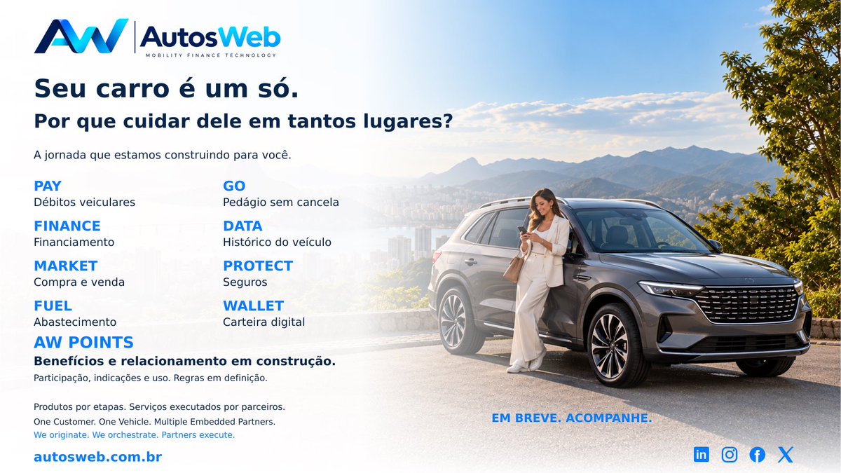 Awautosweb's tweet photo. 1/3 Seu carro é um só. Por que cuidar dele em tantos lugares?

A AW AutosWeb está sendo construída para conectar essa jornada, começando por PAY — débitos veiculares — e GO — Free Flow, o pedágio sem cancela.

Em breve.
#AWAutosWeb #FreeFlow https://t.co/bzl0aBn8bG