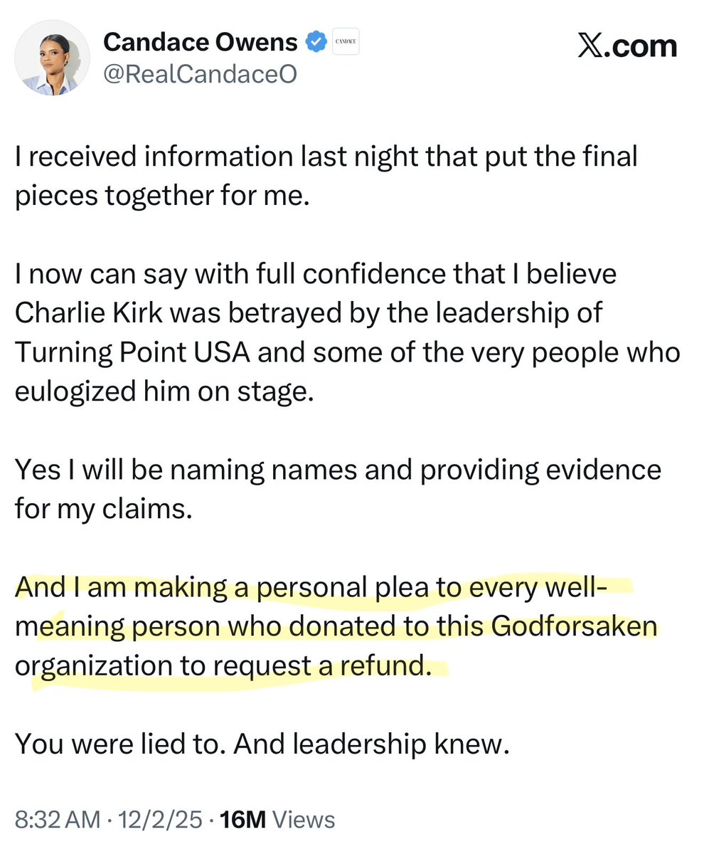 RavenGrace0613's tweet photo. Candace - 

12/25 - Candace making a personal plea on X that the donors take back their money and stop donating to TPUSA!  Cancel them and shut down them down!!  A few times this year on her podcasts she’s said the same. 

10/26 - Candace saying how dare you!  All these Zionists, genocidal, sex crazed maniacs, mass murdering kids trying to cancel me!! The Cancel Culture doesn’t work anymore!!  Man she went off the edge of the cliff here.  😂😂😂

She’s so funny.  It’s ok if TPUSA is canceled but how dare you contact her sponsors!  

How dare you!!! The Audacity that you’d contact my sponsors!!