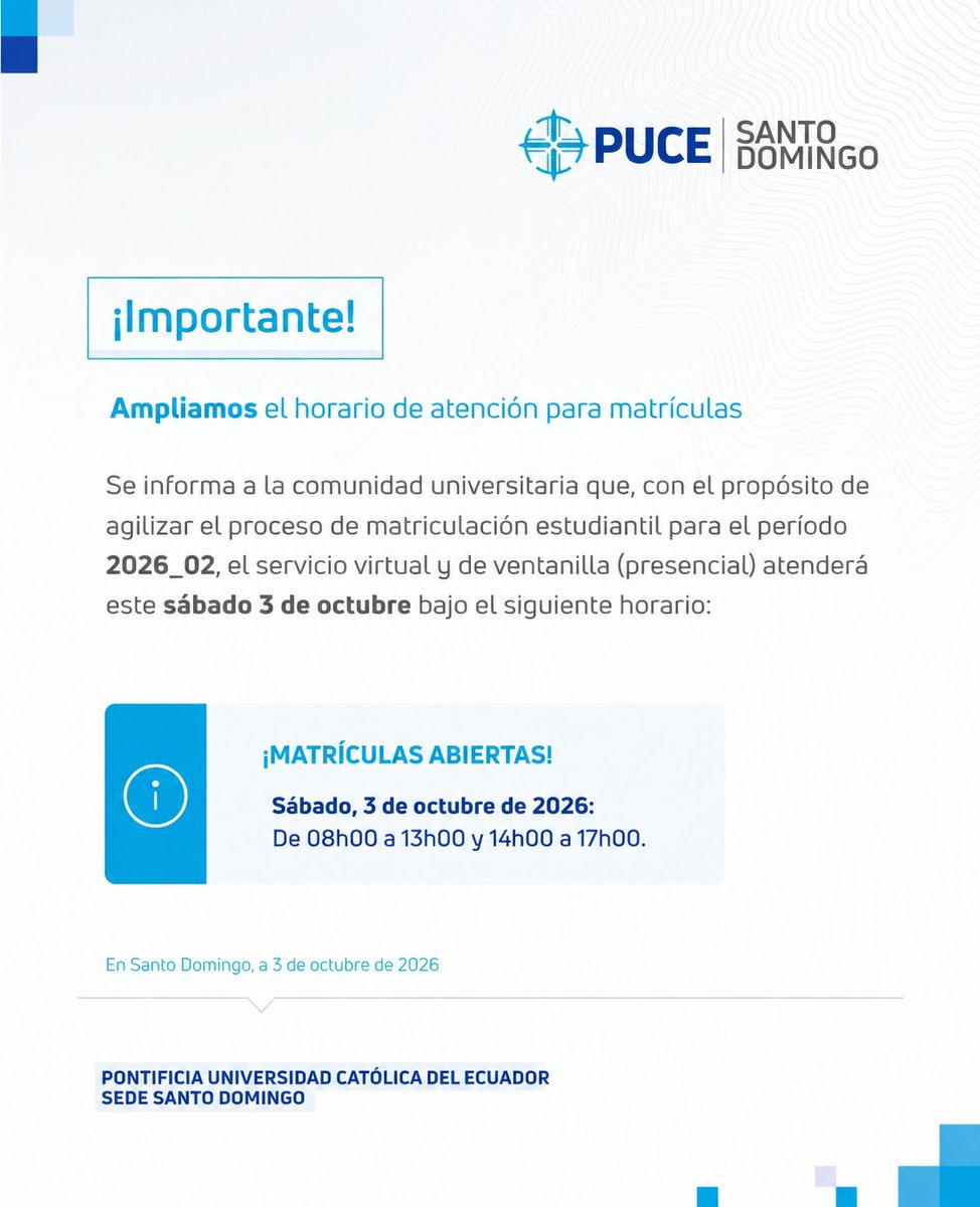 PUCE_StoDgo's tweet photo. ¡Comunicado urgente para nuestros estudiantes!
#PUCESantoDomingo #Matrículas #Urgente #SantoDomingo https://t.co/fBBa41xv28