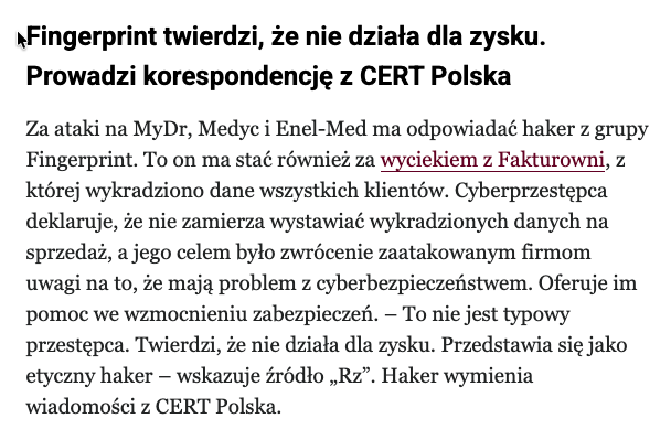 Zaufana3Strona's tweet photo. Co za cyrk. Rzeczpospolita na podstawie anonimowego źródła twierdzi, że fingerprint odpowiada za włamanie do Enel-Med i że koresponduje z CERT Polska. Dane kontaktowe fingerprinta są dostępne publicznie, haker  odpowiada w ciągu 5 minut i pisze, że Enel-Med to nie on i że jeszcze nie napisał do CERT Polska. Jego odpowiedzi pokrywają się z naszą wiedzą z innych źródeł.