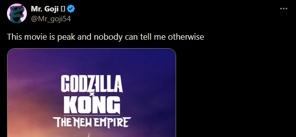 ChimericEcho's tweet photo. Here we have a bot hyping up one of the worst if not the worst "movie" with Godzilla in it, yeah the Godzilla fandom deserves the rotten cattle slop they are getting from the Monsterverse when they do this, literally AI-like content for glue-eating babies. https://t.co/FIzIQGaiGA