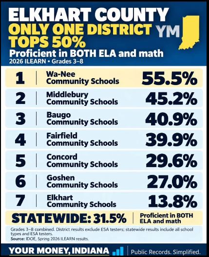P4PUnited's tweet photo. Indiana’s 2026 ILEARN results are out, and we’re seeing plenty of congratulations. The scores need scrutiny, not a victory lap.

Parents shouldn’t accept this. Schools are the most funded they have ever been. And this is what we get? Failing results?

The statewide result is 31.5% proficient in BOTH English/language arts and math.

That means 68.5% of students did not meet proficiency in both subjects.

Take a look at Indiana’s “Top 12” districts:
The two highest schools are at 61.7%.

Despite being the best results in Indiana, at 61.7%, nearly 4 out of 10 students did not demonstrate proficiency in both ELA and math.

Other counties are much worse. Below are just a few.

In Johnson County, Center Grove passed the 50% mark. Clark Pleasant was at 39.4%, Greenwood Community was at 35.5% Nineveh-Hensley-Jackson at 35.3% Franklin at 32.5% and Edinburgh Community at 18.7%

In Elkhart County, only Wa-Nee topped 50%. Middlebury was 45.2%, Concord 29.6%, Goshen 27.0%, and Elkhart 13.8%.

In nearly all of these schools the majority of students are not proficient in ELA and Math.

These scores should trigger serious questions, not celebration.