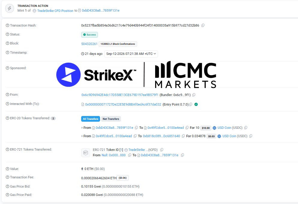 Tokenisable's tweet photo. Just found this: TradeStrike CFD Position minted...
Huge tell CFDs sit inside $STRX Tradestrike v1.

Tokenization turns #CMCX 21,631 CFDs into a 24/7 position.

Millions of CMC Markets clients will be distribution, StrikeX the technology. https://t.co/uU9JWka8QL