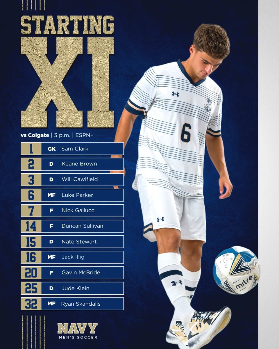 NavyMSoccer's tweet photo. Our starting XI

📺 https://t.co/hTAw4dz9bu
📊 https://t.co/BZ4mlRjL4j

#GoNavy | @PatriotLeague | @ESPNPlus https://t.co/u5UEsrPvWu