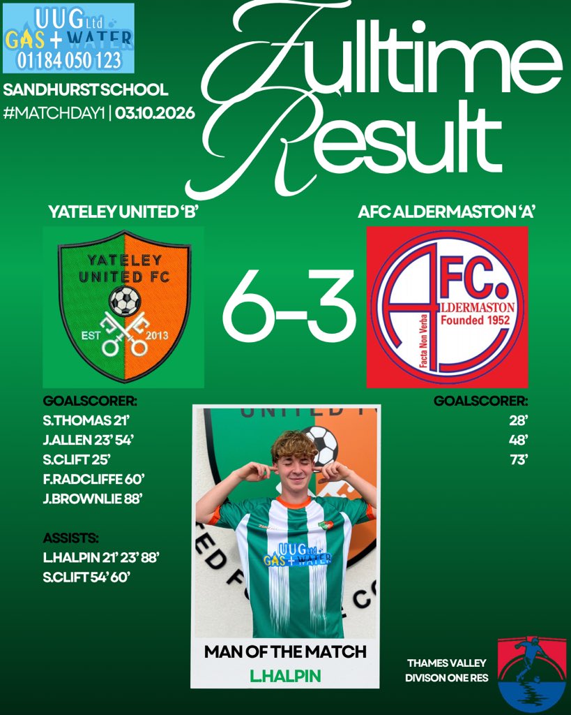 YateleyUtdFC's tweet photo. Fulltime Result
Big start to the season for the Bsโฆ 6-3 win at homeโฆ
UP THE B TEAMโฆ
#YUFC ๐๏ธ #GreenArmy ๐ข #UnitedForTheCommunity ๐ https://t.co/rNogJ6vdnw
