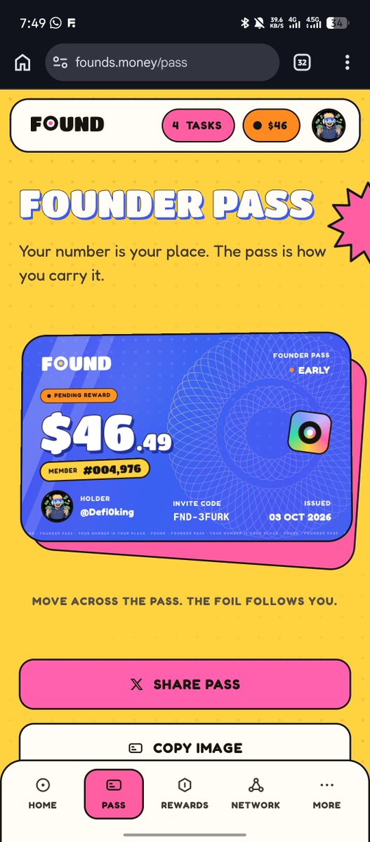 Defi0king's tweet photo. Just joined FOUND and got a $46.49 pending reward.
Member #004,976. Claim opens after launch.

Get yours: https://t.co/0Lxpw96QjN https://t.co/fXRBjlursB