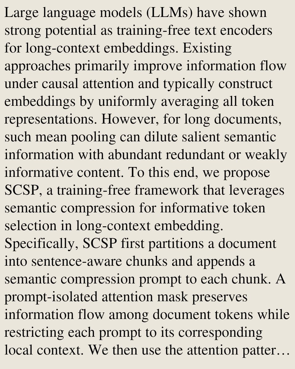 HEI's tweet photo. Selecting What Matters: Semantic Compression-Guided Selective Pooling for Long-Context Embeddings

Zifeng Cheng, Jie Zheng, Zhiwei Jiang, Shuwen Wang, Fei Shen, Shiping Ge, Qing Gu
https://t.co/1yhdL6WuvJ [𝚌𝚜.𝙲𝙻] https://t.co/4UxxOjpjJ4