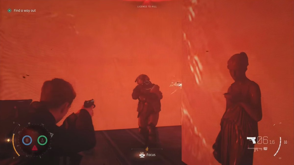 A first-person shooter video game screenshot bathed in red light, showing the objective "Find a way out" with "LICENCE TO KILL" at the top, a "Focus" prompt, and a pistol ammo counter showing 06/16.