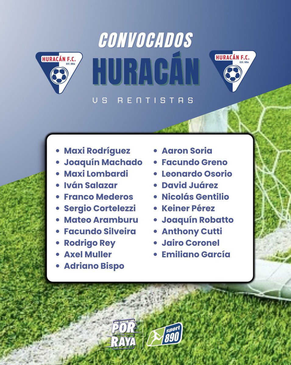 PorLaRaya890's tweet photo. ⚽️Estos son los convocados de #Rentistas y #Huracán para el partido por la fecha 21 de la Fase Regular
📲Seguí el minuto a minuto en las redes sociales de #XLR https://t.co/Fz6pEeEsBh