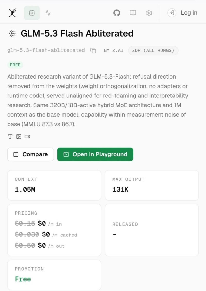 Al_e_xxxx's tweet photo. GLM-5.3 Flash is currently free to try!

Eligible accounts can access it for free and use it for coding, experiments and research

Key specs:

> 1M-token context window
> Up to 131K output tokens
> Around 33.5 tokens/sec
> OpenAI-compatible API
> Free to test

Quick setup:

Sign up and check your eligibility: https://t.co/TE2fwM8qyX

Generate an API key

Set the base URL to https://t.co/WgFi8RnVYp

Select the model and start testing

⏳ Free access is available for a limited time so try it while it lasts